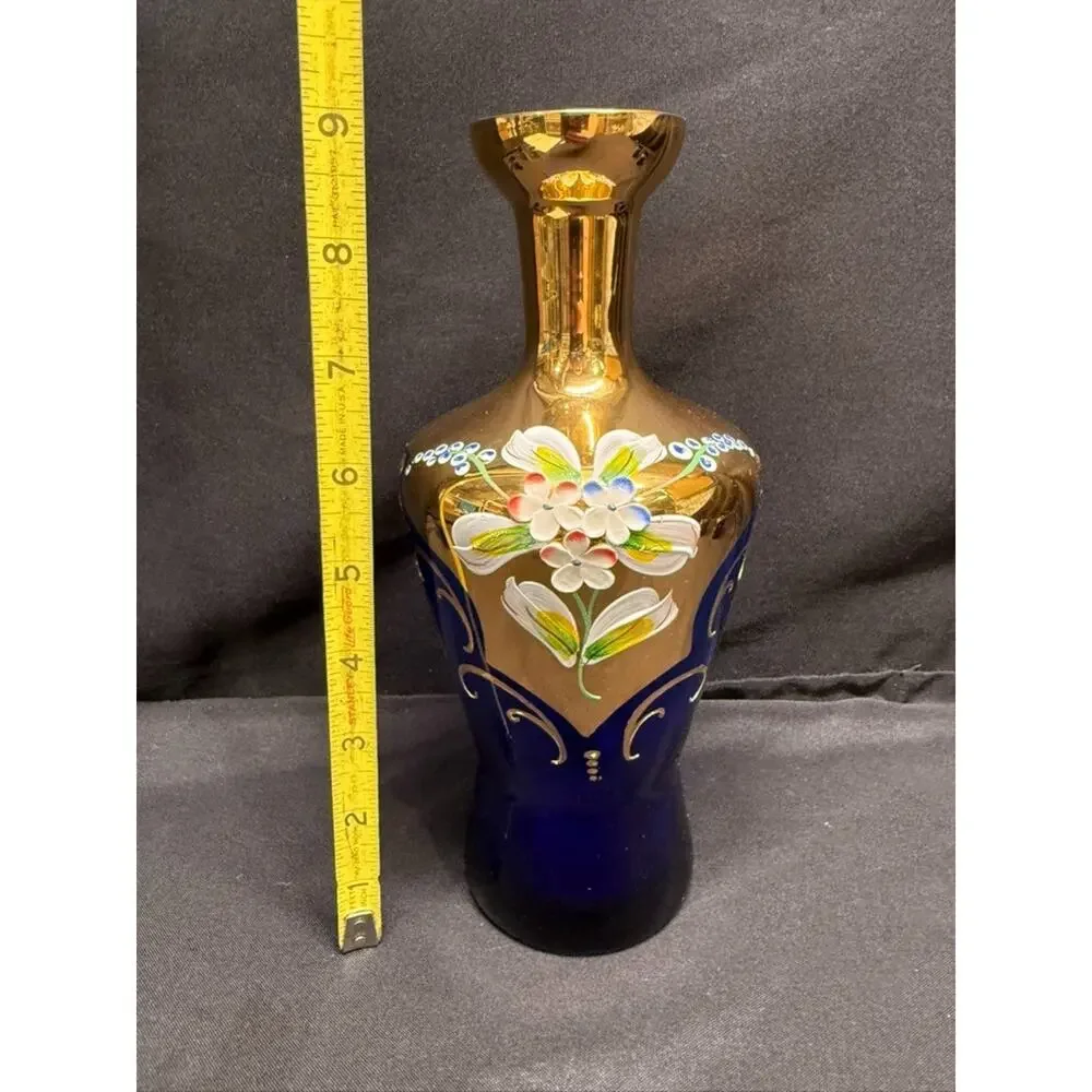 Cobalt Blue & Gold Bohemian Style Decanter (5) Shot Glasses Hand Painted Flowers